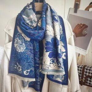 Blue and White Floral Reversible Artisan Shawl